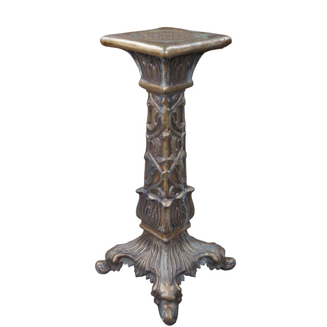 Traditional Set of 2 Vintage Regency Bronze Low Relief Acanthus Candle Stands Holders Pedestals For Sale - Image 3 of 12