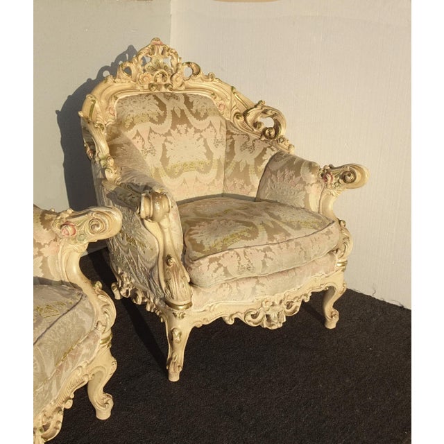 French Pair Antique French Louis XVI Italian Rococo Baroque Chairs Down Cushion For Sale - Image 3 of 10