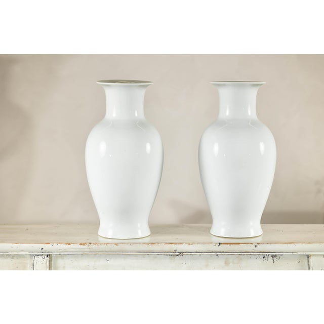 Pair of Classic White Porcelain Vases with Timeless Elegance For Sale - Image 9 of 12