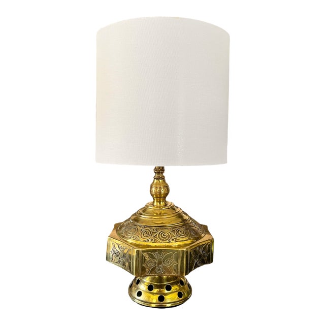 Mid 20th Century Moroccan Moorish Engraved Brass Oil Lamp-Form Table Lamp For Sale