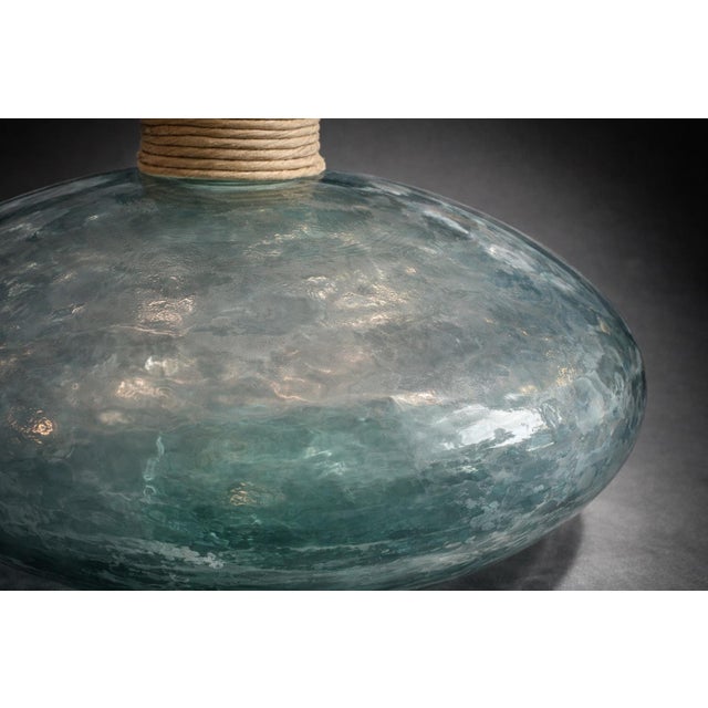 Art Nouveau Large Aqua Recycled Glass Demijohn Vessel With Twine-Wrapped Neck – 17” Mediterranean Coastal Bottle For Sale - Image 3 of 9