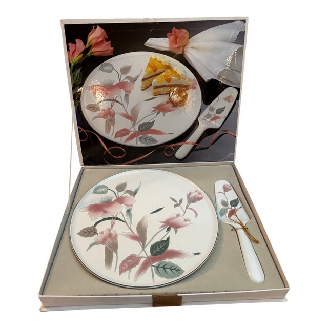 Vintage Mikasa Silk Flowers Pattern Cake Plate and Matching Server in Original Box For Sale