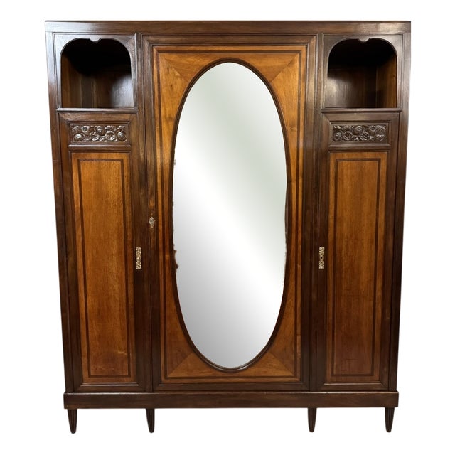 Art Nouveau Mirrored Wardrobe in Macassar Ebony and Walnut, 1890s For Sale