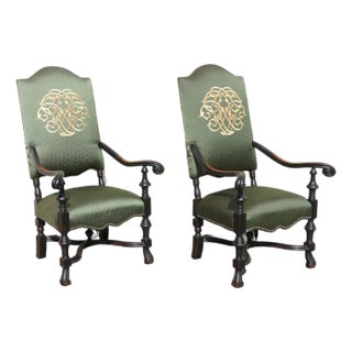 Pair of Antique High Back Throne Armchairs | Green Upholstery & Gold Monogram | Early 20th Century For Sale