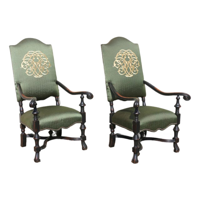 Pair of Antique High Back Throne Armchairs | Green Upholstery & Gold Monogram | Early 20th Century For Sale