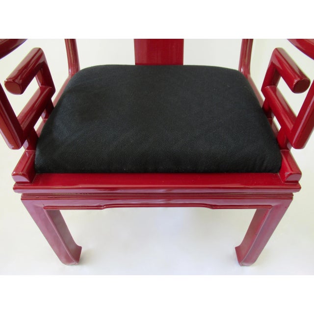 C.1980's High Gloss Candy Apple Red Lacquered Asian Ming-Style Lounge Chair With "Greek Key" Scroll Arms With Donghia Textile For Sale - Image 17 of 18