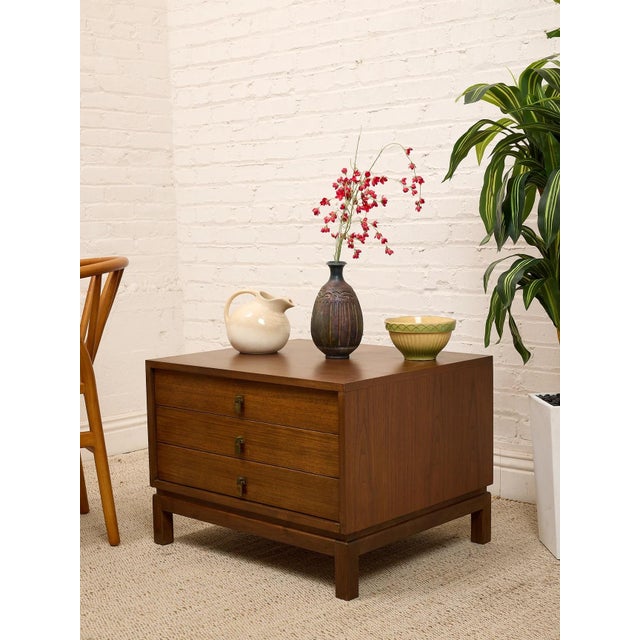 Mid 20th Century Vintage Walnut Three-Drawer Nightstand With Brass Campaign Hardware For Sale - Image 5 of 12