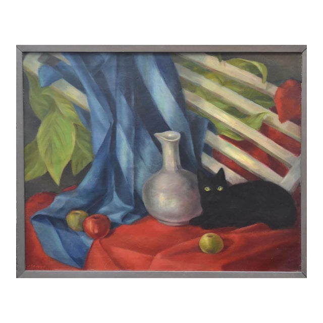 Mid Century Still Life Painting of Black Cat and Vase, Signed, 1940s by Joseph Tanous For Sale