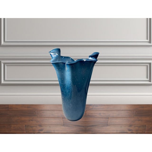 Contemporary Large Blue Murano Ruffled Art Glass Vase For Sale - Image 3 of 12