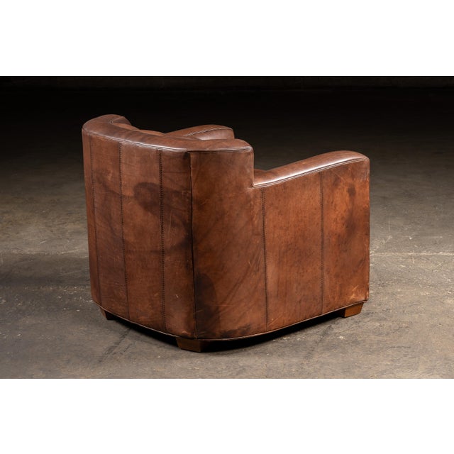 Brown Vintage Leather Clamshell Club Chair and Ottoman Set For Sale - Image 8 of 10