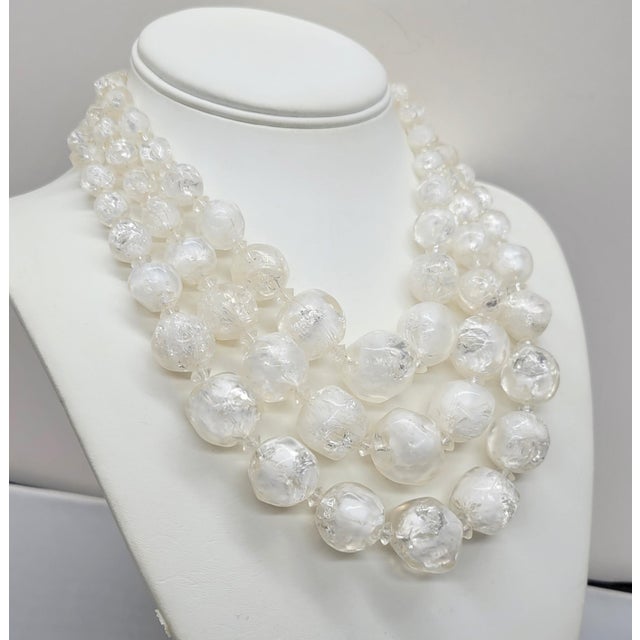 Metal Vintage Signed Hattie Carnegie White/Clear Givre Beaded 3-Strand Necklace For Sale - Image 7 of 10