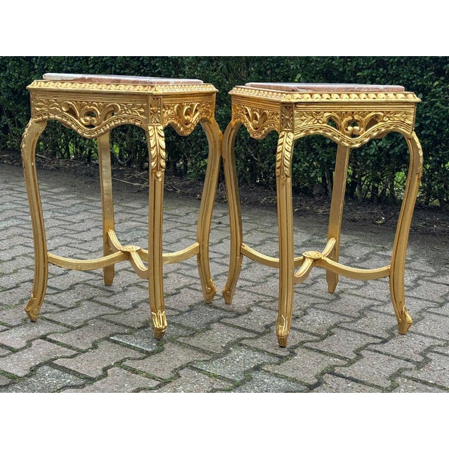 1970 French Louis XVI Gold Beech Pink Marble Tables - Pair For Sale - Image 9 of 17