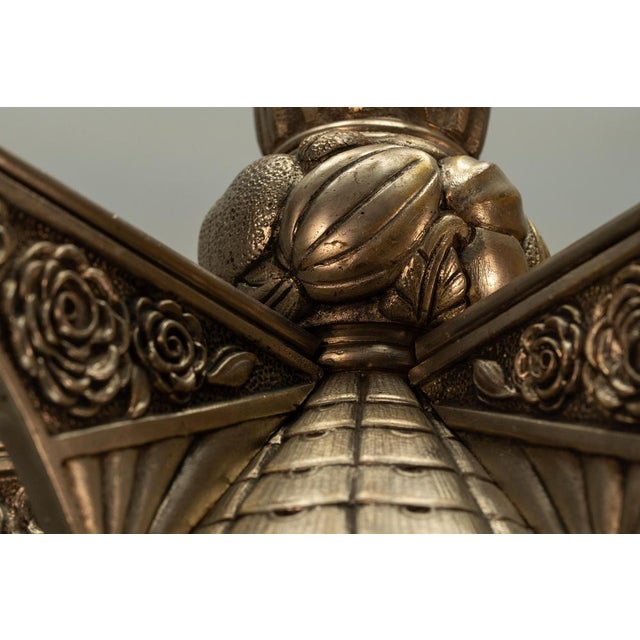 Art Deco Bronze and Frosted White Glass Five-Light Chandelier, France, 1925 For Sale - Image 13 of 18