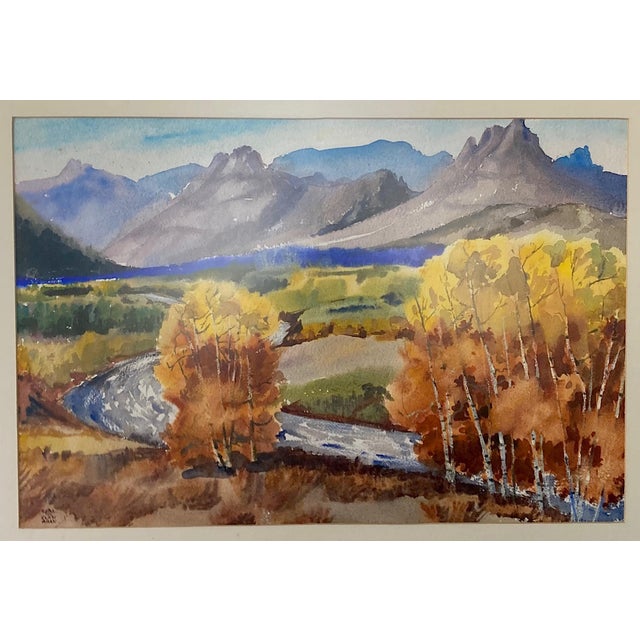 Enjoy the vibrant colors of autumn year round with this dazzling watercolor! Tetons? The artwork, signed lower left by the...