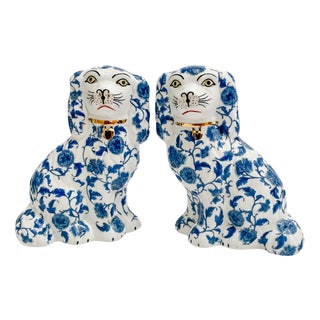 Blue & White Floral Staffordshire Style Spaniel Dog Figurines - a Pair For Sale