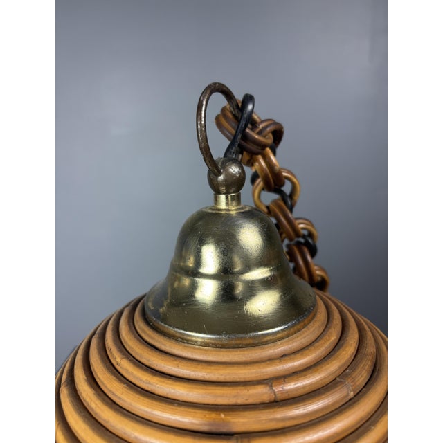 Mid-Century Italian Pencil Reed Rattan Bamboo and Brass Pendant Lamp, 1970s For Sale - Image 6 of 17