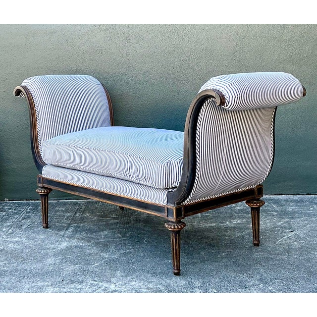 Black Vintage Ticking Stripe Scroll Bench For Sale - Image 8 of 12