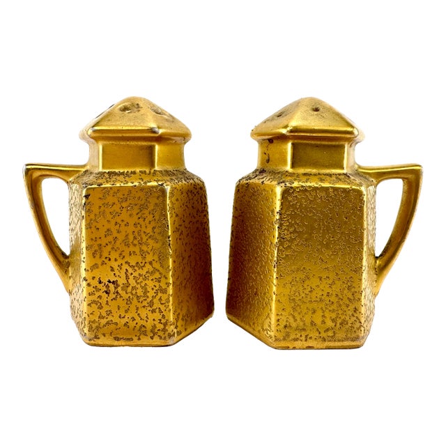 Vintage Mid Century Japanese Gilded Hexagonal Salt and Pepper Shakers For Sale