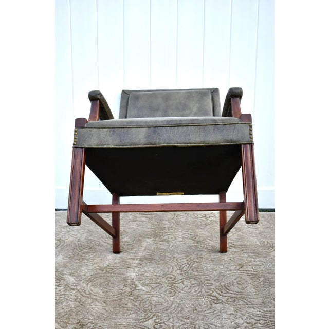 Vintage Chippendale Style Green Leather Library Chair W/Stretcher Base For Sale - Image 10 of 13