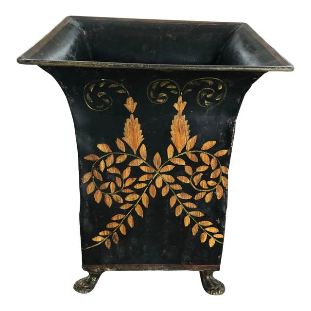 Vintage Metal French Style Toleware Footed Cachepot Black With Gold Swags For Sale