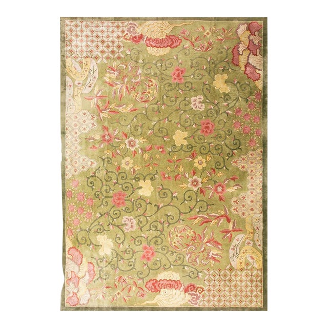 1920s Green Floral Antique Chinese Art Deco Rug 11'10" X 17'2"by Nichols Atelier Handknotted Wool Carpet For Sale