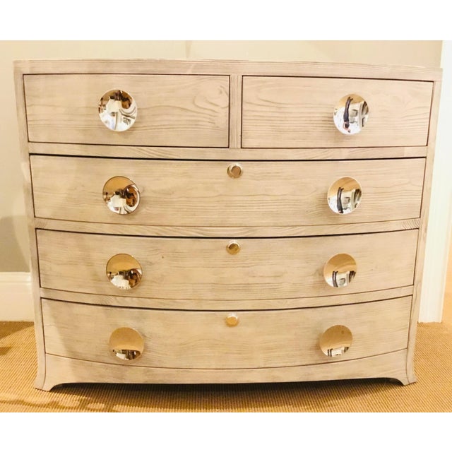 Original Retail $5597, stylish Global Views Organic Modern Greige 5-Drawer Bow Front Dresser, large polished nickel round...