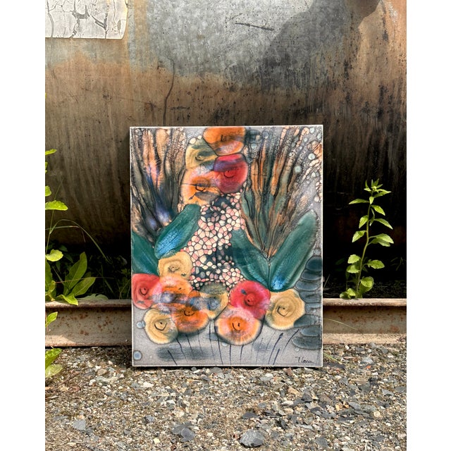 Hand-Painted Ceramic Art Wall Panel or Tile with Flower & Plant Motifs by Traute Lossau for Kupfermühle KMK Keramik, West Germany, 1960s For Sale - Image 6 of 18