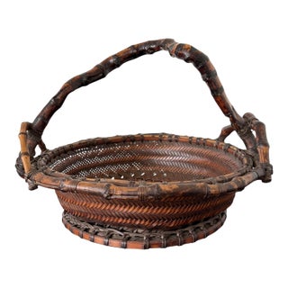 Antique Japanese Bamboo Morikago Basket with Chikon Handle Meiji Period For Sale