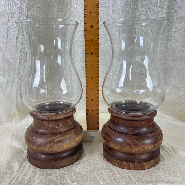 Pair Vintage Italian Wood & Blown Glass Hurricane Candle Holders For Sale - Image 12 of 12