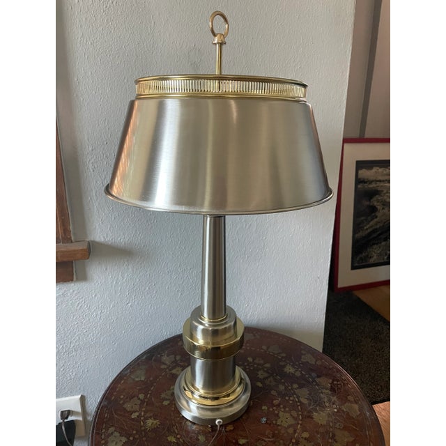 Vintage Brushed Steel & Brass Banker’s Lamp – Industrial Modern Desk Light For Sale - Image 4 of 12
