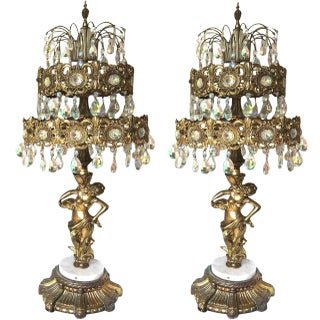 1969 Loevsky & Loevsky Waterfall Crystal Brass & Marble Table Chandeliers - a Pair For Sale