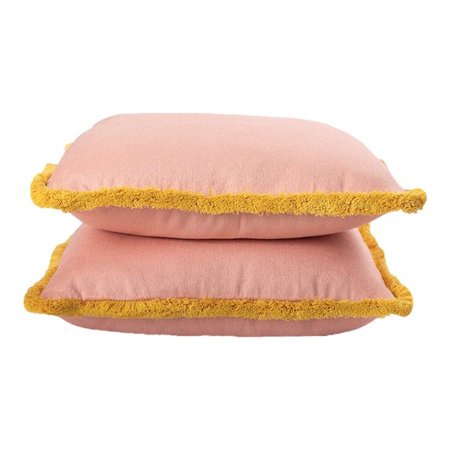 Milton Textiles Pink and Yellow Fringe Throw Pillows - Pair For Sale