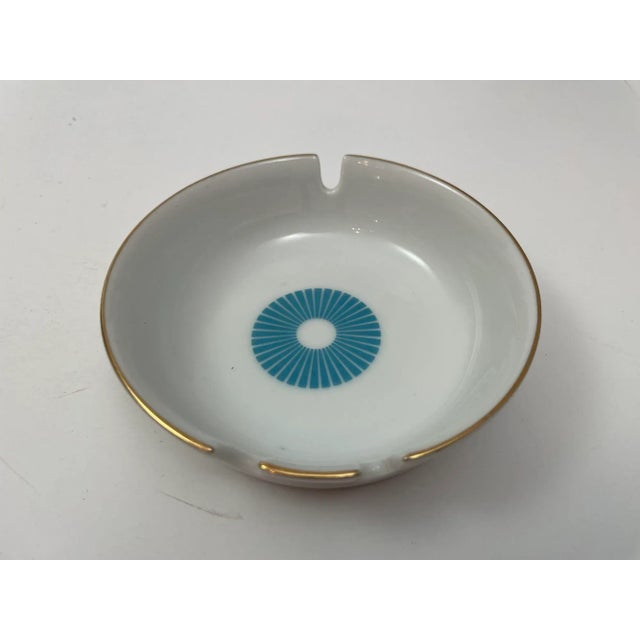 Vintage White Porcelain Ashtray With Gold Rim and Blue Design 1960s For Sale - Image 4 of 8