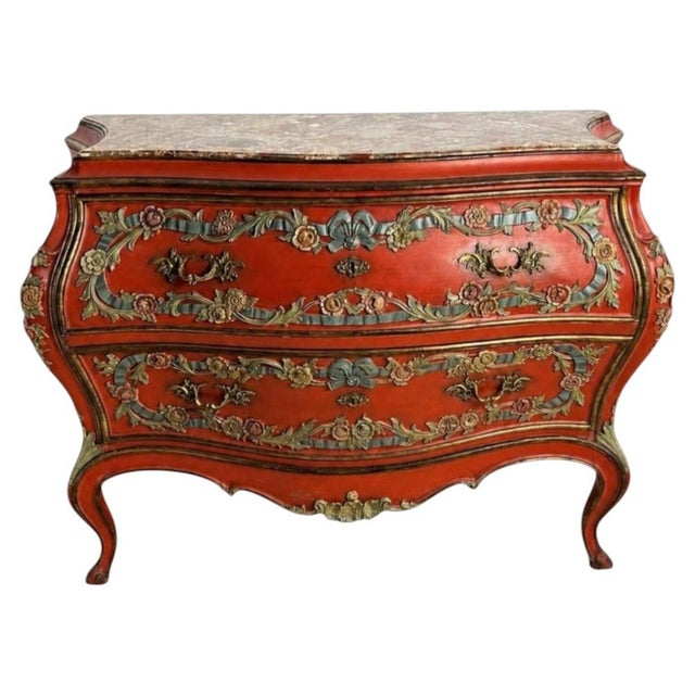 Wood Shaped Red-Painted Commode with Marble Top For Sale - Image 7 of 7
