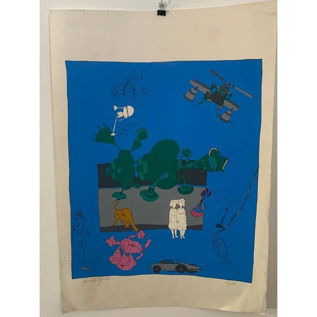Blue Renato Volpini, Useless Characters and Machines, Lithograph For Sale - Image 8 of 8