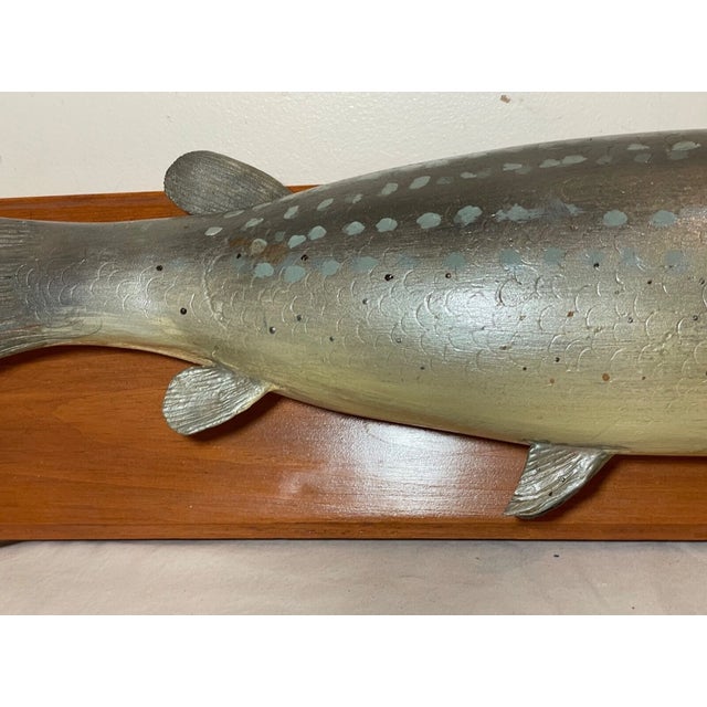 Wood Vintage Carved Wood 1949 Flowers Pike Fish Sculpture Wall Mount Trophy Folk Art For Sale - Image 7 of 13