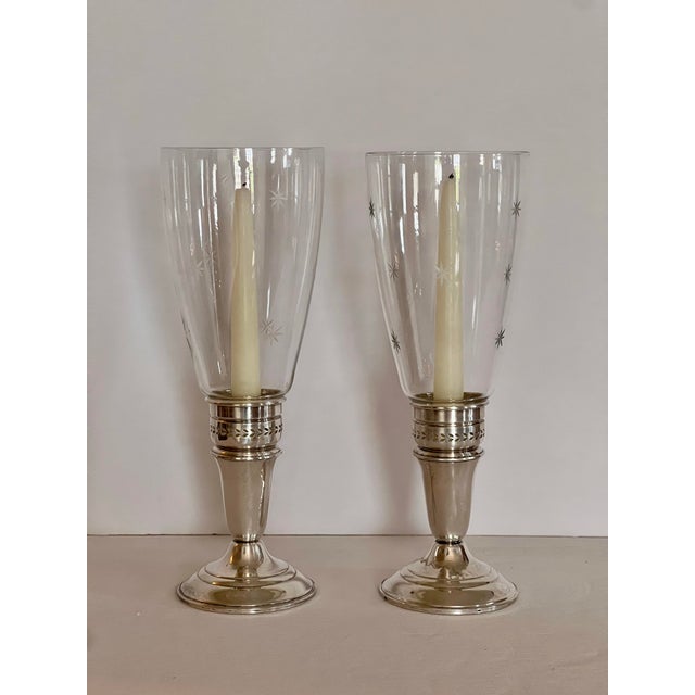 Traditional Pair of Crown Sterling Silver Candlesticks With Etched Glass Hurricane Shades, C. 1940 For Sale - Image 3 of 14