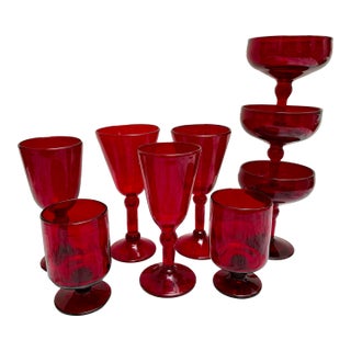 Vintage Ruby Red Set of Assorted Stemware Cocktail Glasses-Set of Nine For Sale