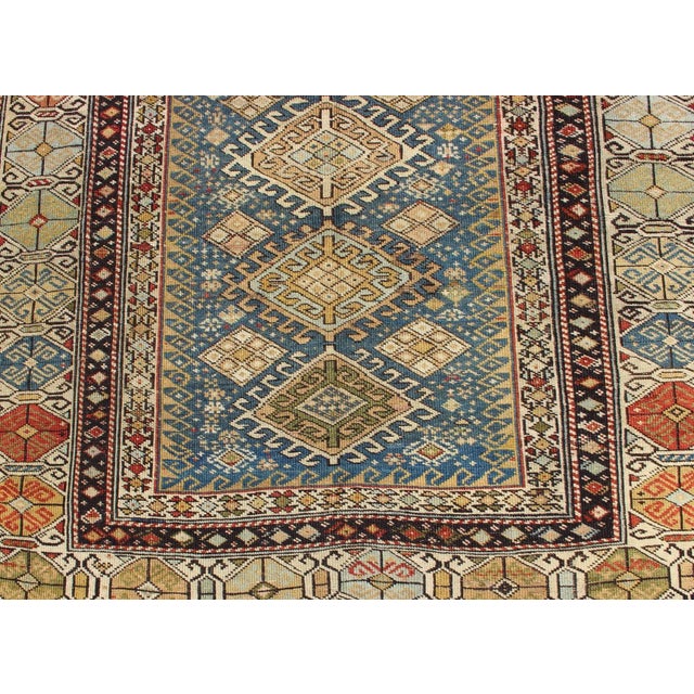 Teal Antique 19th Century Caucasian Shirvan Rug With Medallions in Teal Blue Background and Multi Colors For Sale - Image 8 of 12