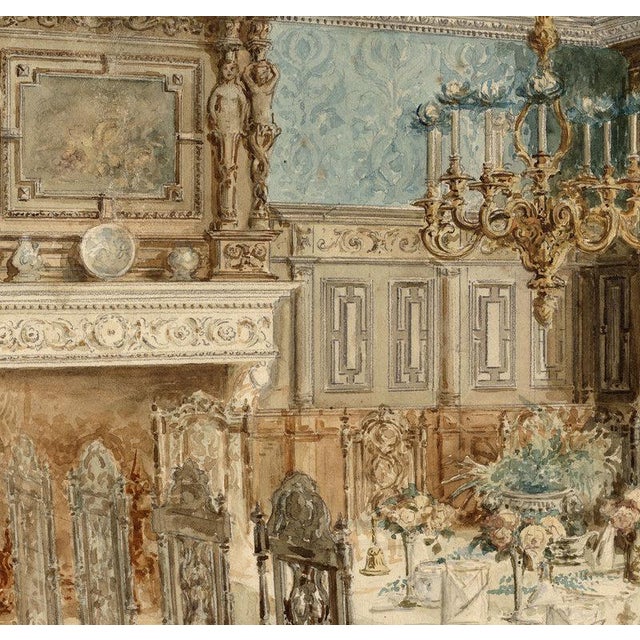 After Hughson Hawley, Dining Room Interior, 19th Century, Watercolor For Sale - Image 6 of 13