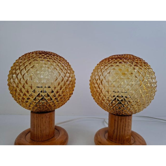 Mid-Century Modern Table Lamps with Amber Glass and Wood Base, Czechoslovakia, 1980, Set of 2 For Sale - Image 11 of 17