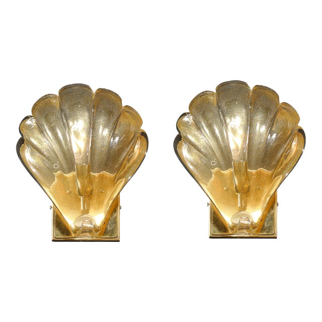 Modernist Hand-Blown Murano Glass Shell Form Sconces W/ 24 Karat Gold Flecks For Sale