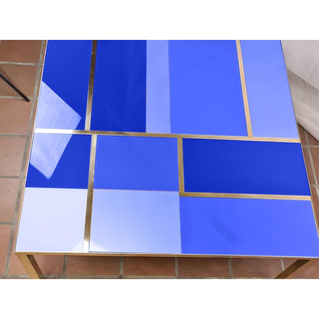 Contemporary Square Coffee Table with Blue Mirrored Murano Glass and Brass Trim from Justfurnituress SRL For Sale - Image 3 of 5
