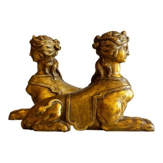 Mid 20th Century Egyptian Revival Carved Gilt Wood Sphynx Bookends - a Pair For Sale