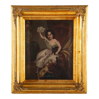 19th Century Oil Painting, Girl Defending a Cat - Joseph Beaume Style in Ornate Gilt Frame For Sale