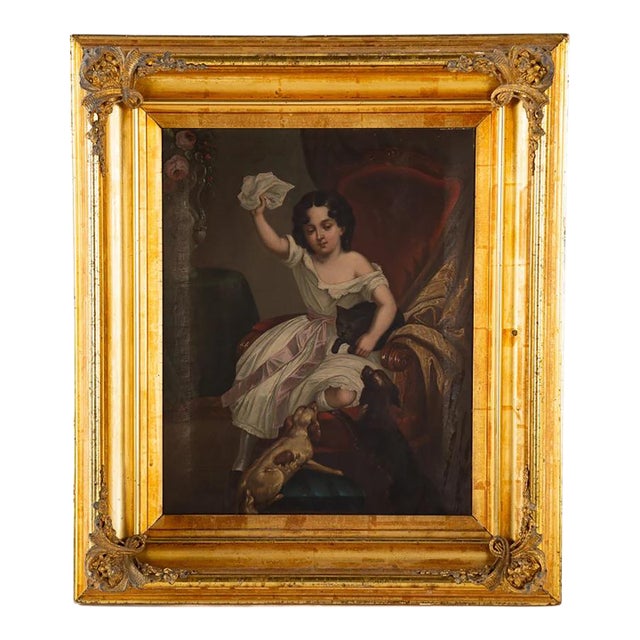19th Century Oil Painting, Girl Defending a Cat - Joseph Beaume Style in Ornate Gilt Frame For Sale
