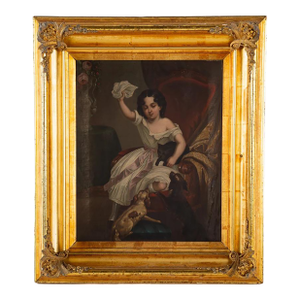 19th Century Oil Painting, Girl Defending a Cat - Joseph Beaume Style in Ornate Gilt Frame