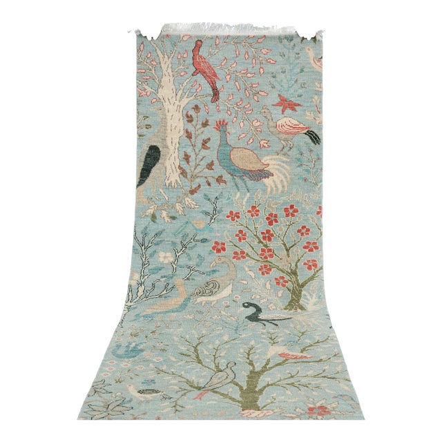 2.6x12ft. Light Blue Peacock Bird Garden Hand Knotted Wool Rug For Sale