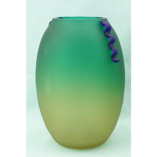 1950s Green and Yellow Acid-Etched Opaque Murano Glass Deco Vase, Venice, Italy, 1950s For Sale - Image 5 of 18