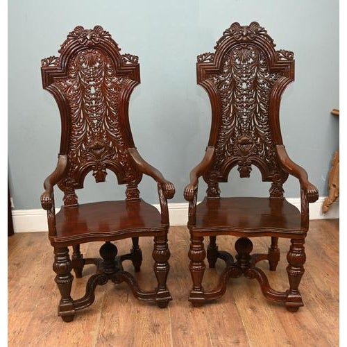 Jacobean Revival Hall Throne Armchairs in Carved Oak, 1890s, Set of 2 For Sale - Image 9 of 9